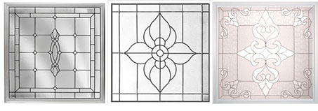 Decorative glass shown in Craftsman, Spring Bloom and Renaissance.